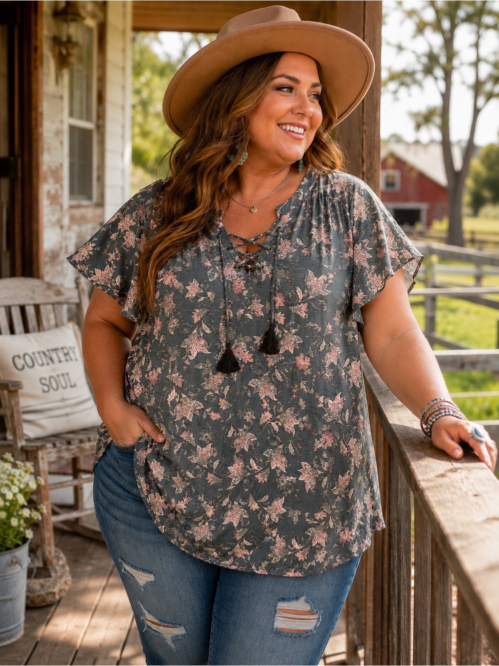 ST JOHNS BAY Peasant Short Sleeve Blouse EUC
